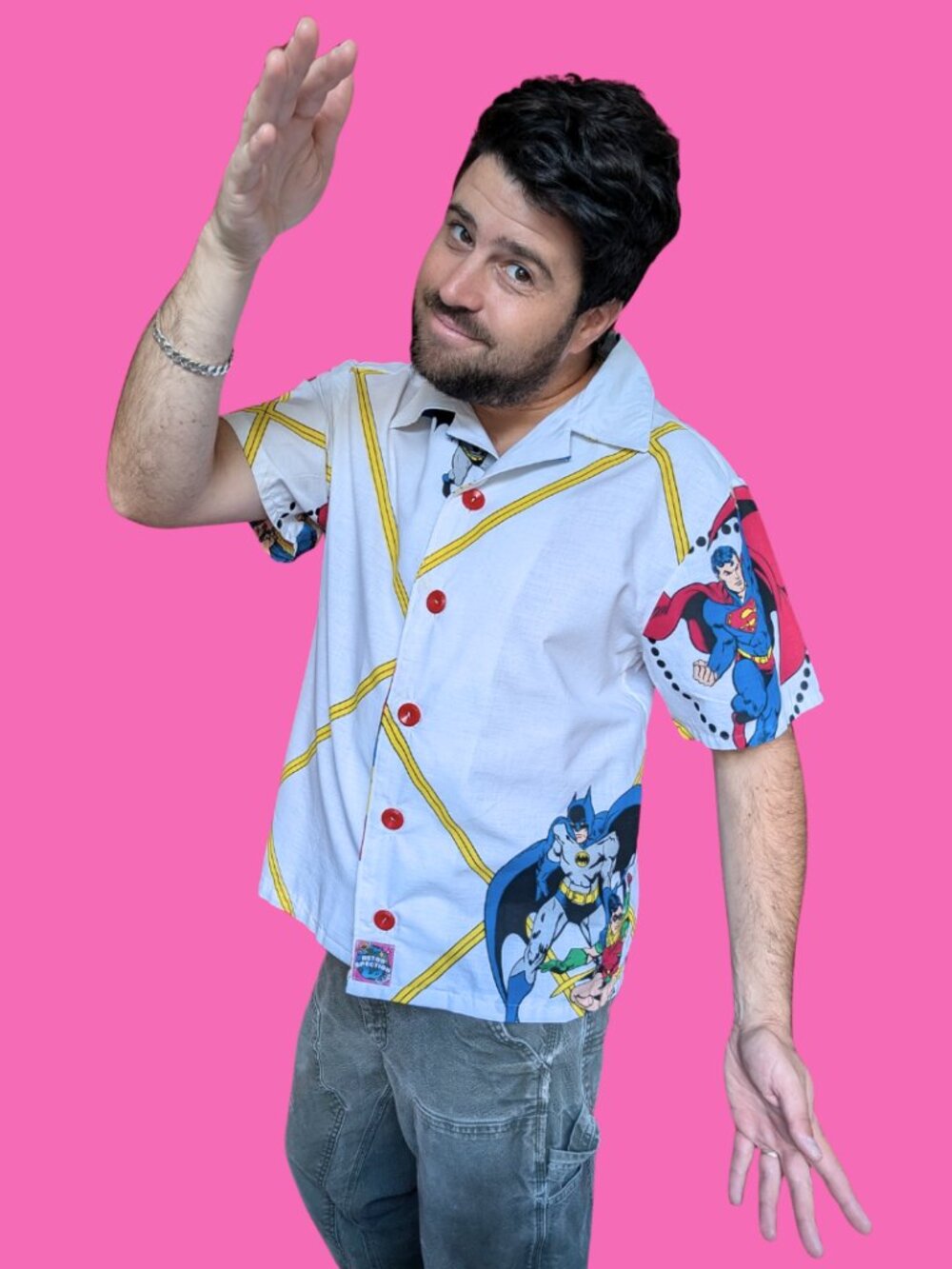 Handmade, Upcycled DC Comics Superheros Bedsheet Button Down Shirt Size M